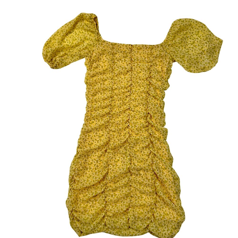 All In Favor Sasha Ruched Mini Dress Women's XS Yellow Puff Sleeve Coquette - Picture 3 of 16